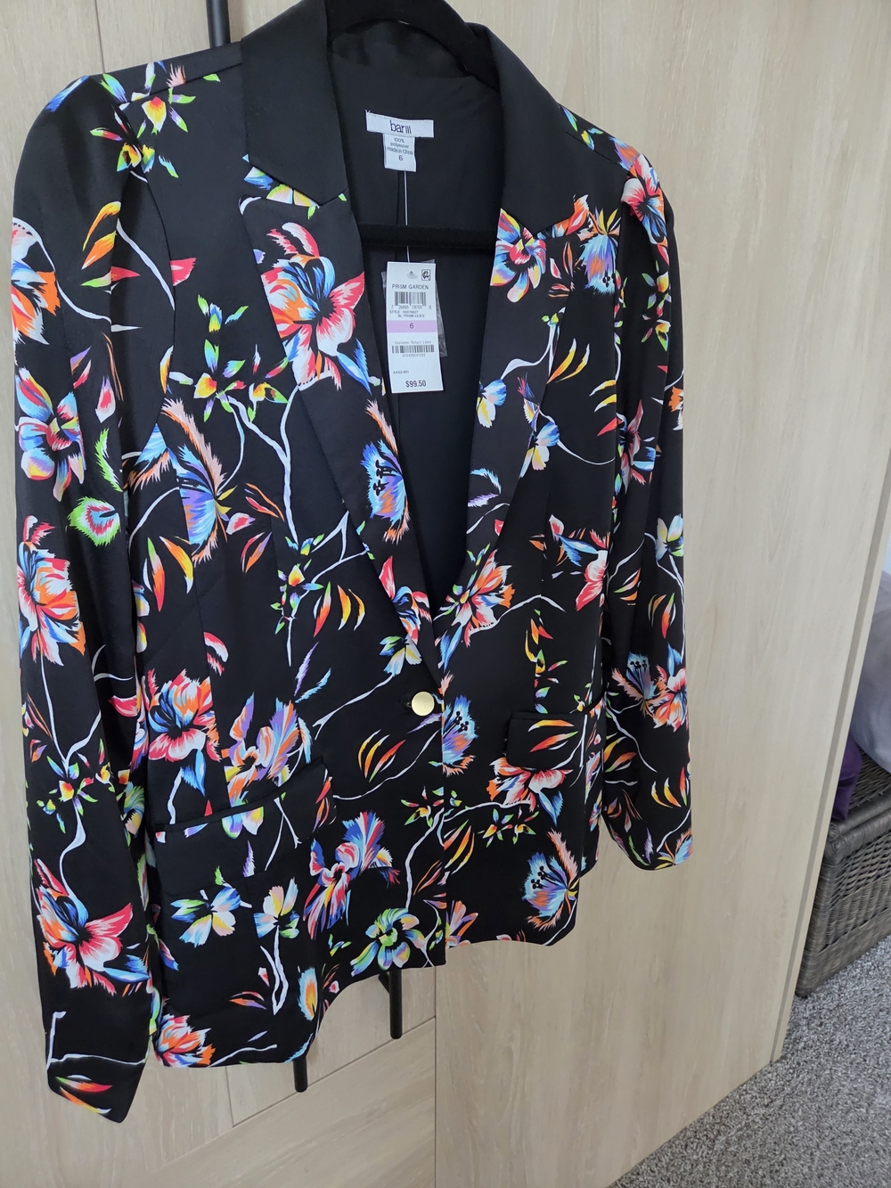 Bar III Black Floral Blazer with Multicolor Botanical Print